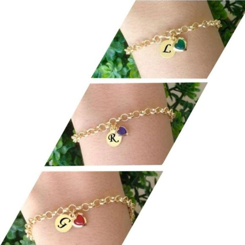 Pulseira Elo Portugues Com Letra E Coração Pendurado Banhado - 2