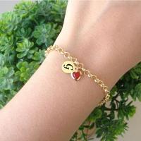 Pulseira Elo Portugues Com Letra E Coração Pendurado Banhado - 1