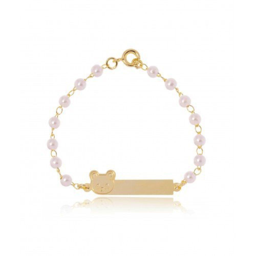 Pulseira Infantil Pérola Chapinha com Ursinho Banhado a Ouro - 1