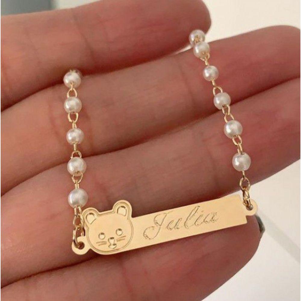 Pulseira Infantil Pérola Chapinha com Ursinho Banhado a Ouro - 2