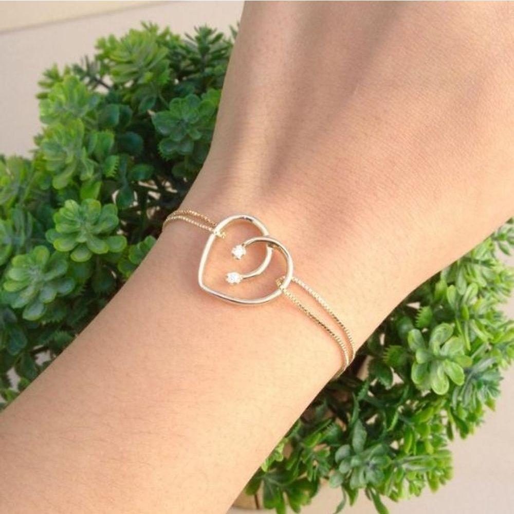 Pulseira Dupla Coração Com Pedra De Zircônia Banho De Ouro - 1