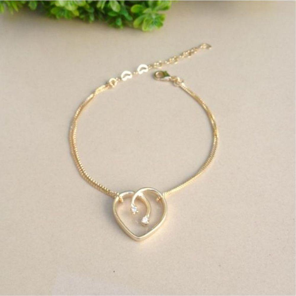 Pulseira Dupla Coração Com Pedra De Zircônia Banho De Ouro - 3