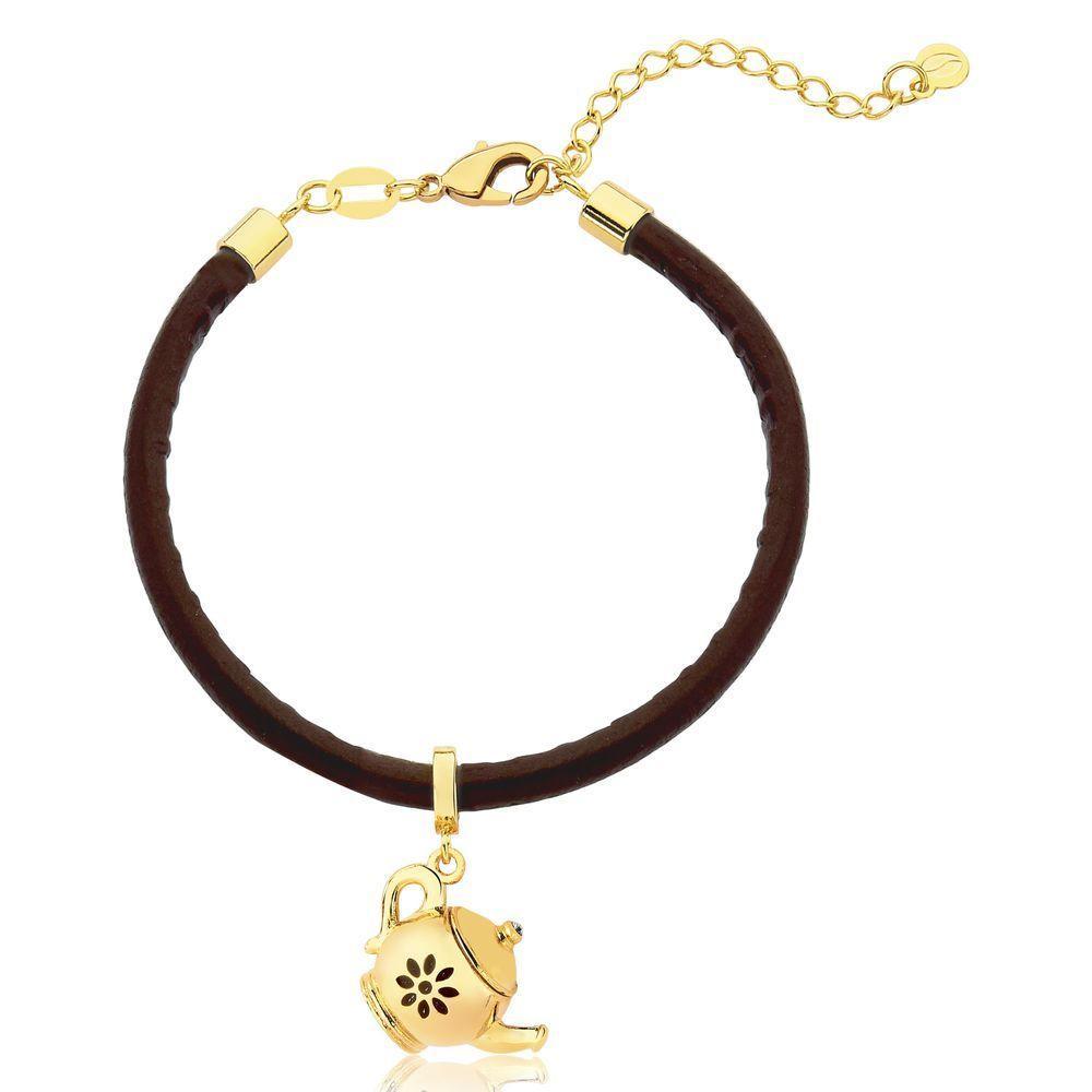 Pulseira De Couro Vl Café Com Bule Revestida Em Ouro. - 1