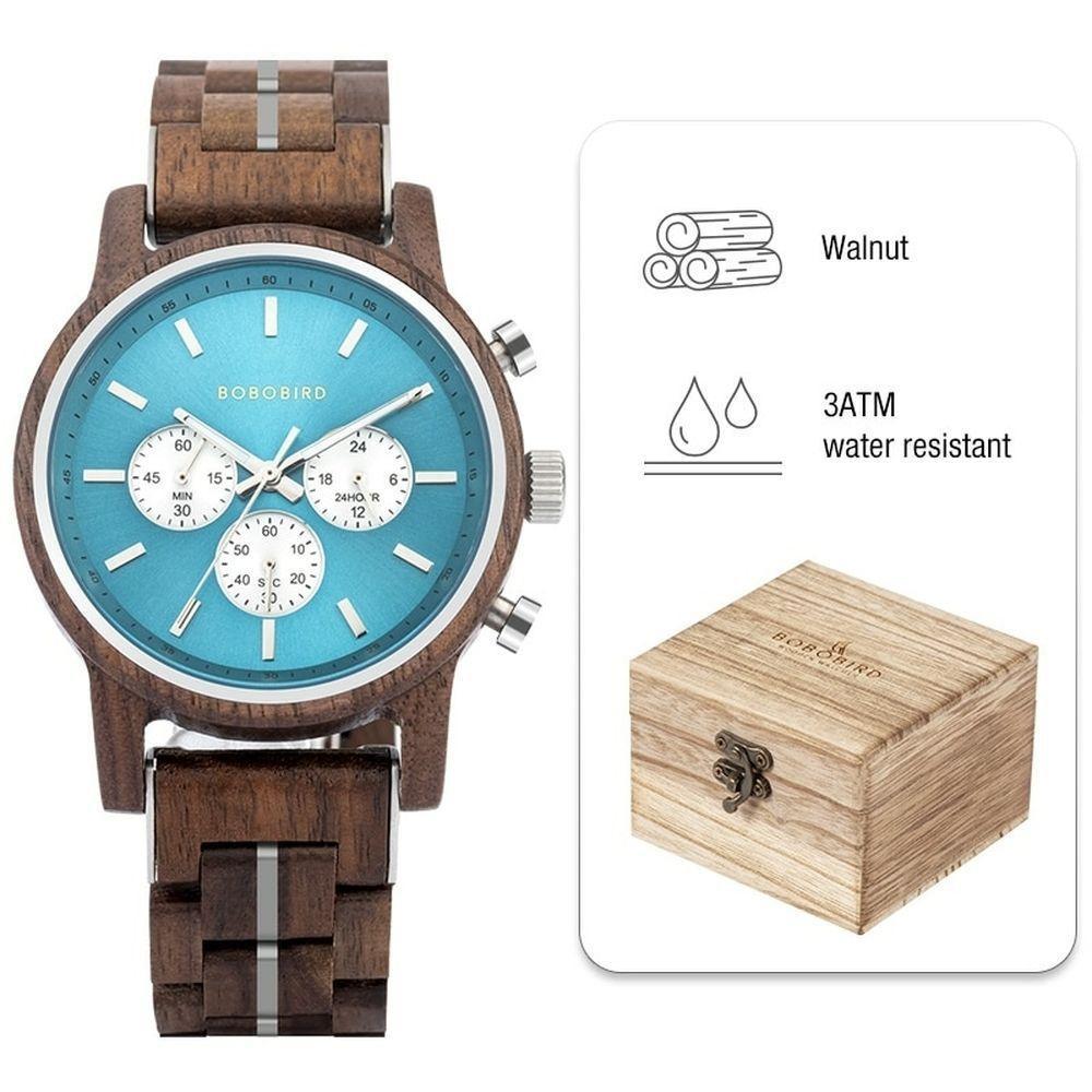 Relógio De Madeira Feminino Bobo Bird Gt118-1 à Prova D'água Azul Claro - 1