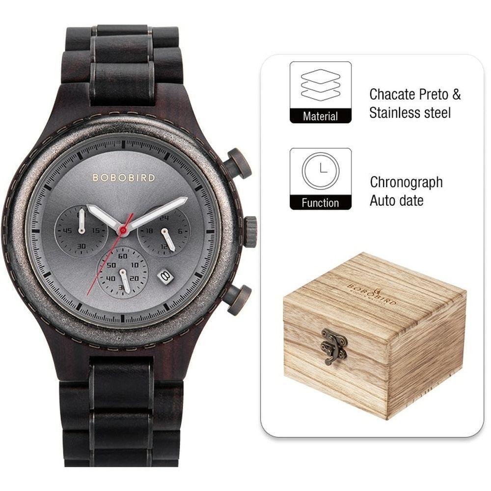 Relógio De Madeira Masculino Bobo Bird Gt117 À Prova D'Água Preto - 1