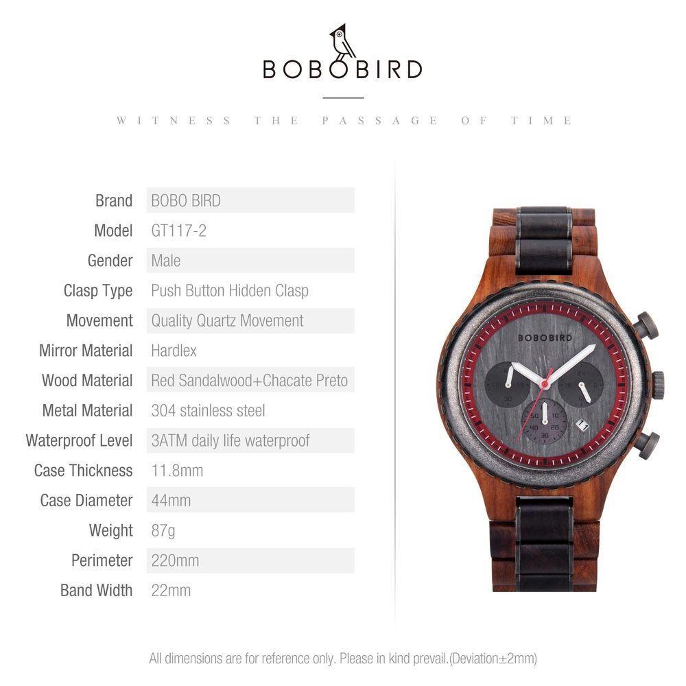 Relógio De Madeira Masculino Bobo Bird Gt117 À Prova D'Água Preto - 3