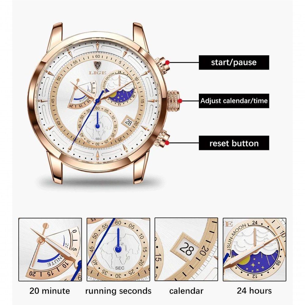 Relógio Masculino Lige 8974 à Prova D'água Rosa Ouro Branco - 4