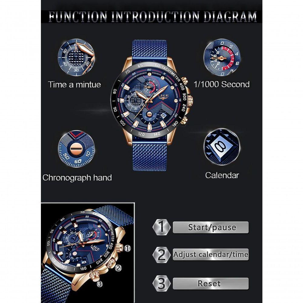 Relógio Masculino Lige 9929 à Prova D'água Rosa Ouro Azul - 2