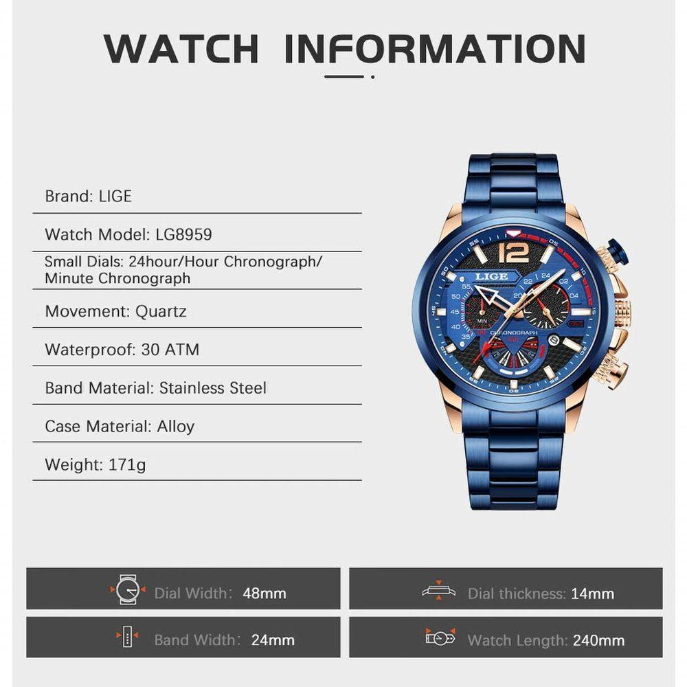 Relógio Masculino Lige 8959 à Prova D'água Ouro Azul - 4