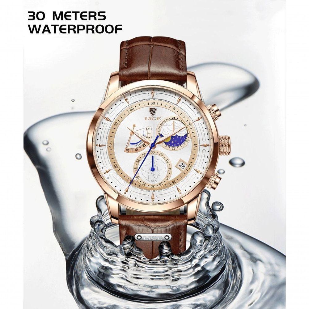 Relógio Masculino Lige 8974 à Prova D'água Rosa Ouro Preto - 3