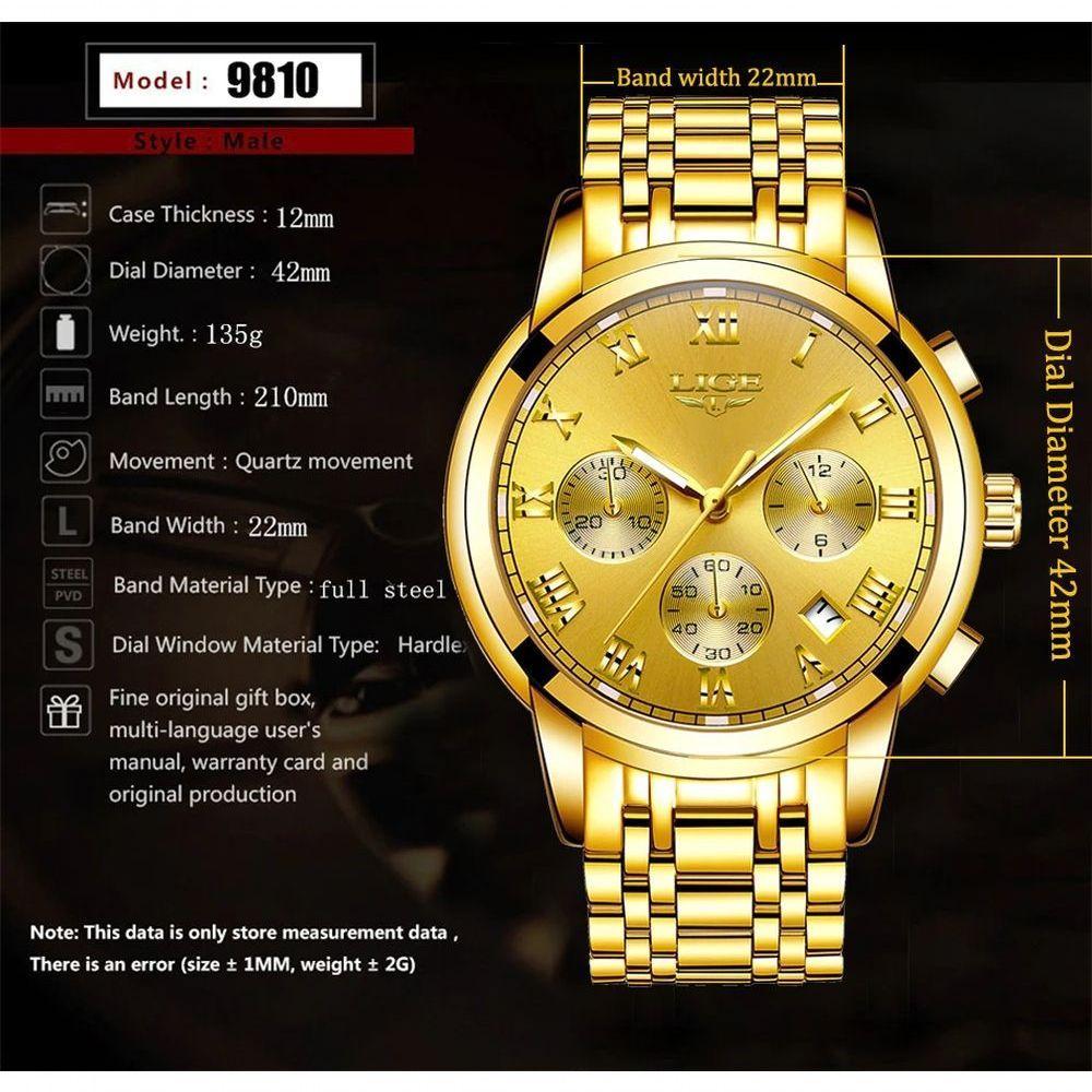 Relógio Masculino Lige 9810 à Prova D'água Ouro Branco - 2