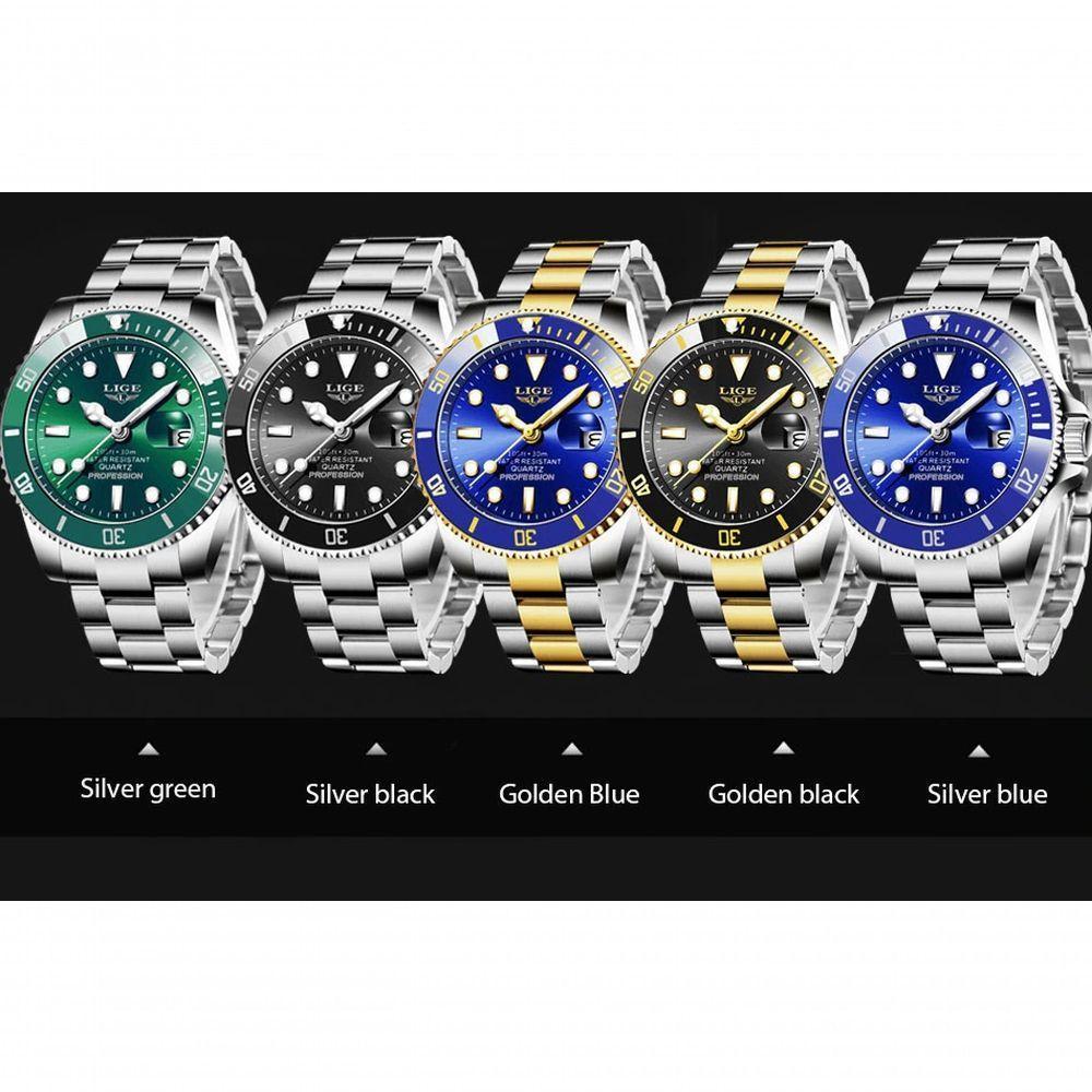 Relógio Masculino Lige 10045 à Prova D'água Verde Prateado - 4