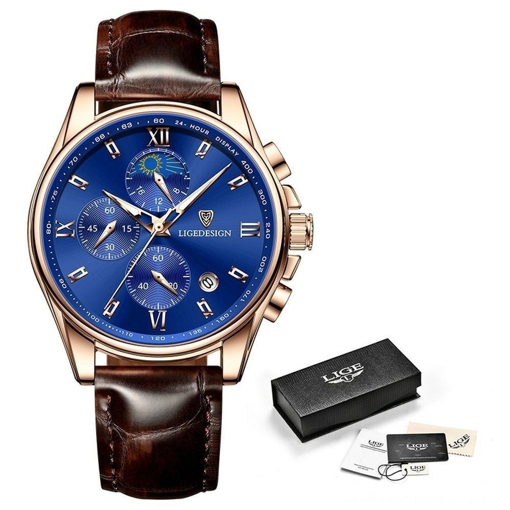 Relógio Masculino Lige 8951 à Prova D'água Ouro Azul - 1