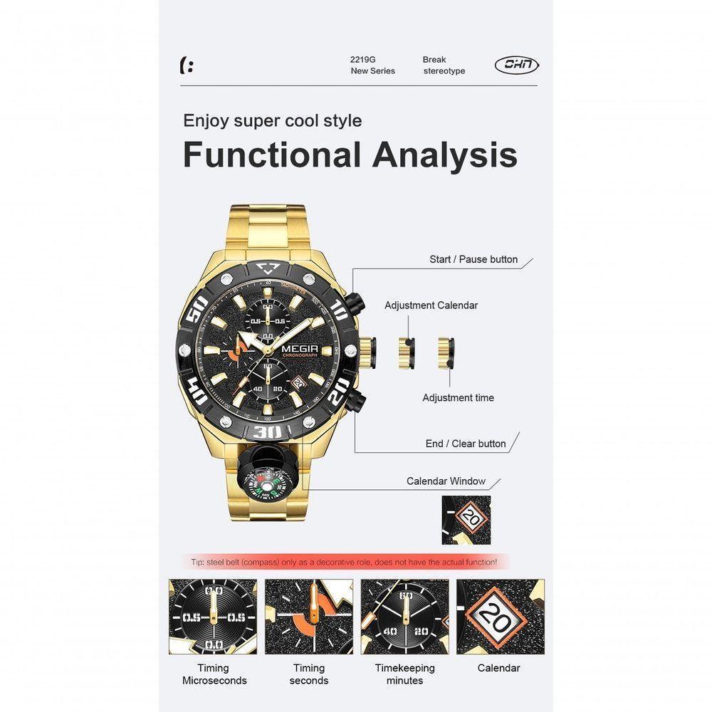 Relógio De Pulso Masculino Megir 2219 à Prova D'água Preto - 2