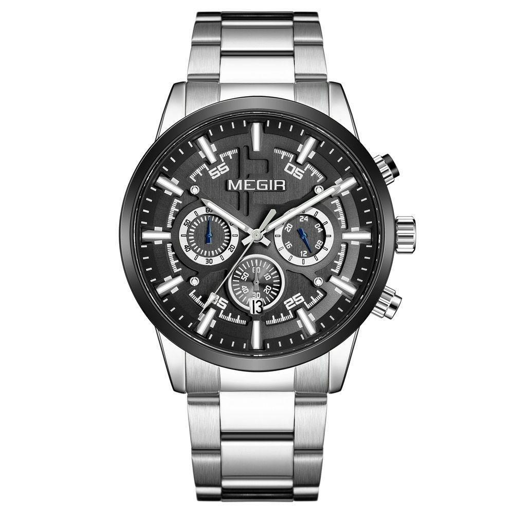 Relógio De Pulso Masculino Megir 2227 à Prova D'água Prata Preto - 1