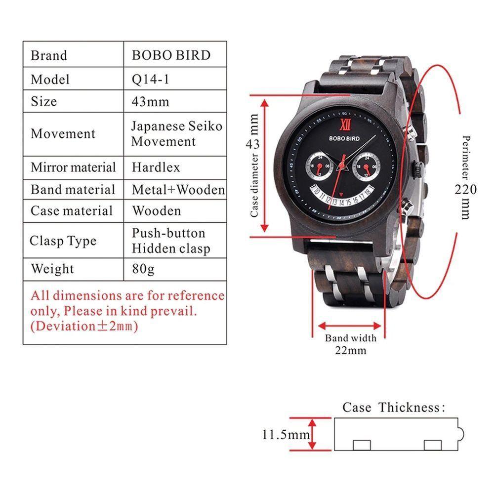 Relógio De Madeira Unissex Bobo Bird Q14 À Prova D'Água Preto - 4