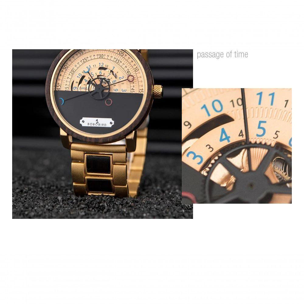 Relógio Mecânico De Madeira Aço Inoxidável Bobo Bird Gt043 À Prova D'Água Ouro - 2