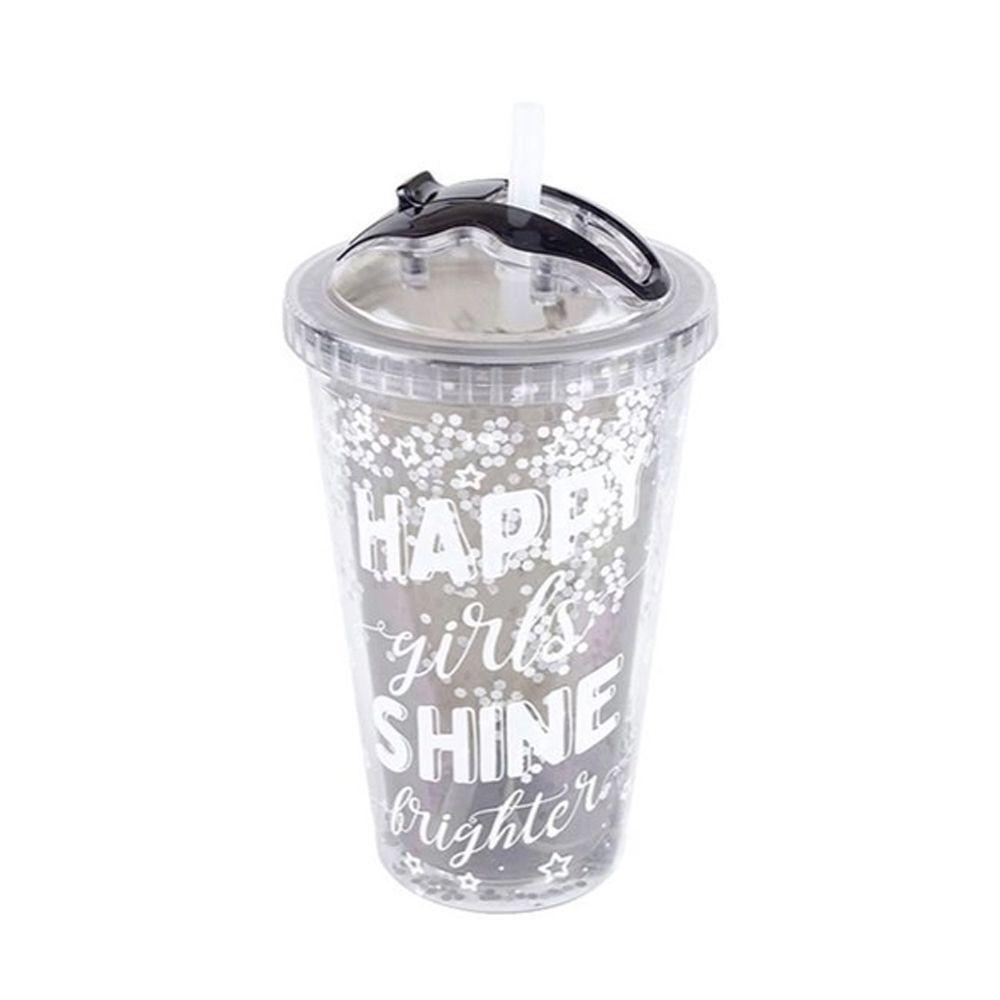 Copo Com Canudo 450Ml Happy Girls Shine Brighter - Etilux - 1