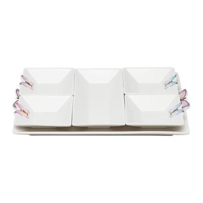 Cj 5 Petisqueiras E 1 Bandeja De Porcelana Borboleta
