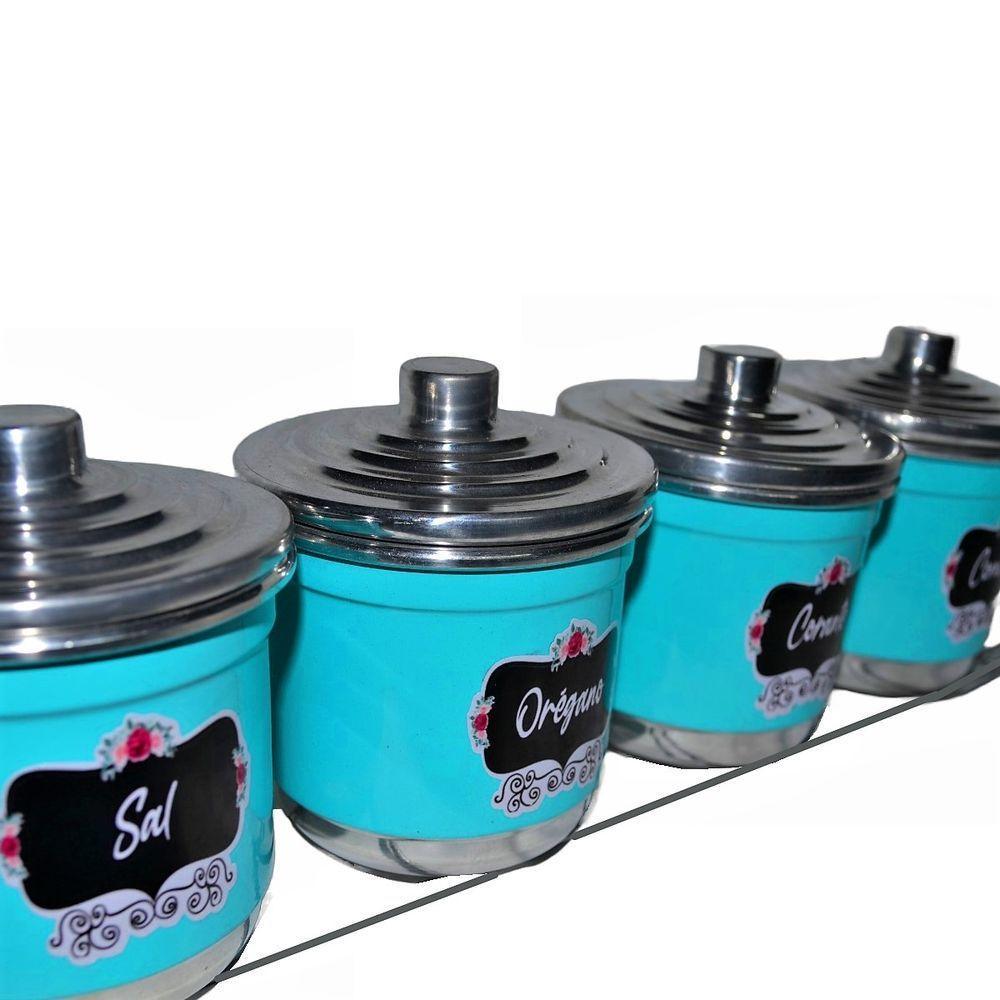 Porta Condimentos Tempero Organizador 4 Potes Alumínio Azul - 3