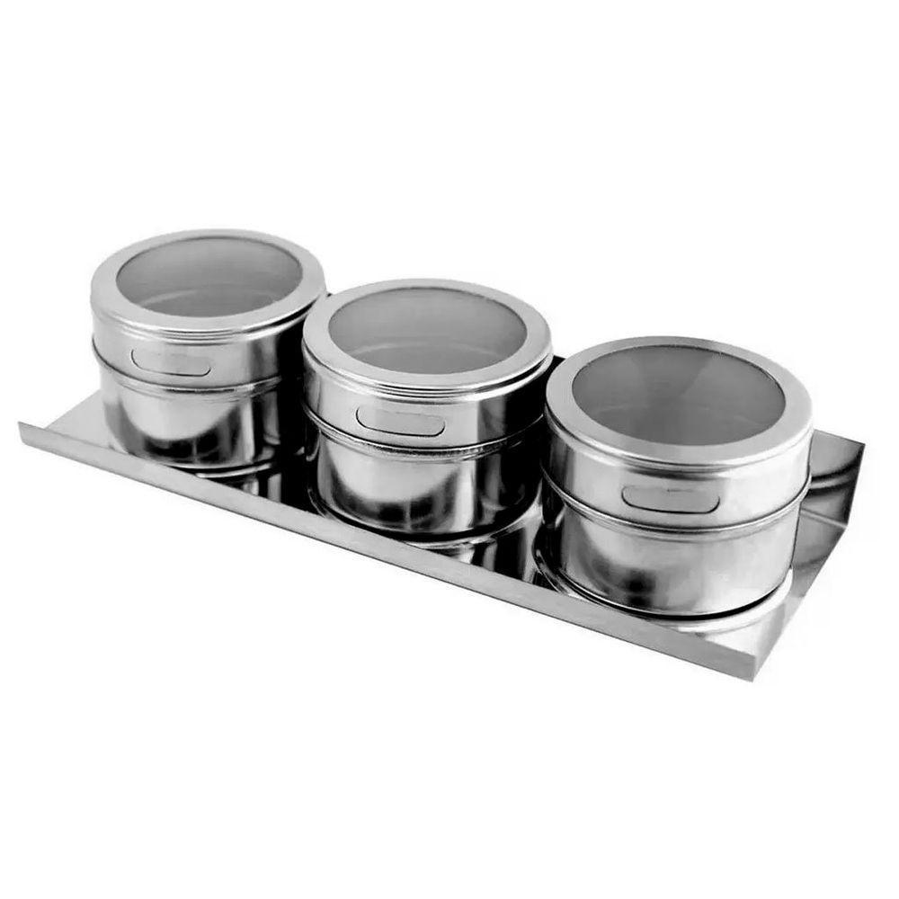 Porta Condimento Tempero Magnético Inox 3 Potes Com Imã - 1