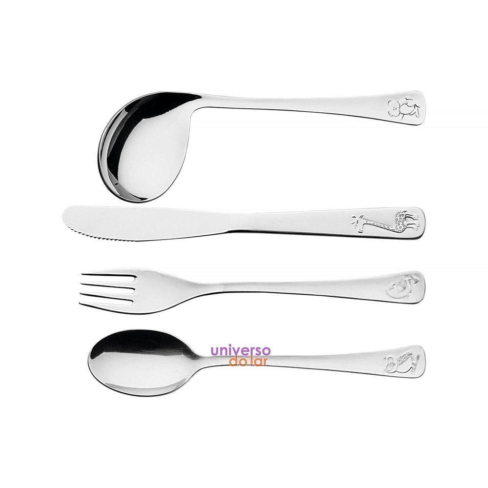 Jogo De Talheres Infantil Tramontina Acabamento Brilho Com Desenho Em Alto Relevo 4 Peças Aço Inox - 1