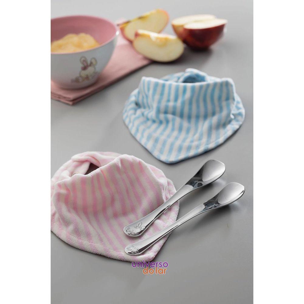 Jogo Infantil Tramontina Com Babador Azul E Colher Em Aço Inox 2 Peças Azul - 4