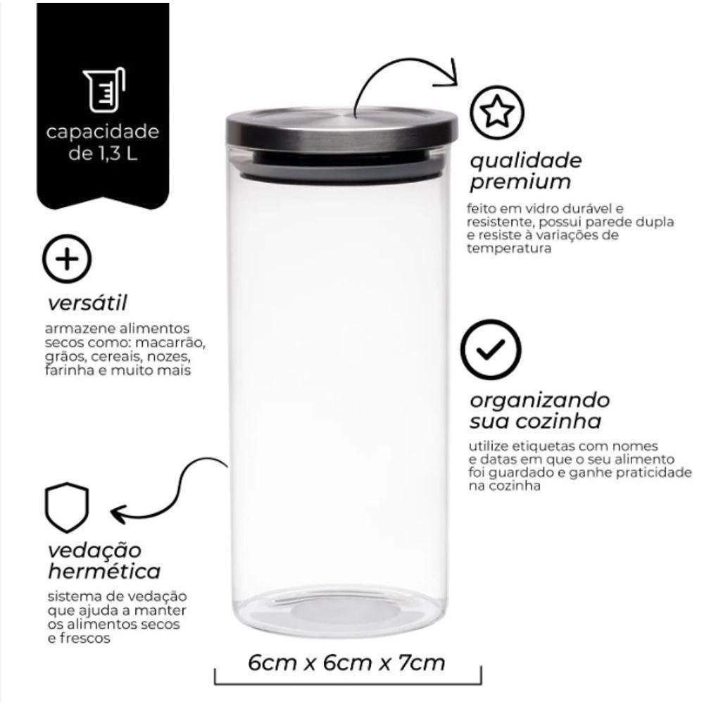 Porta Mantimentos Redondo Em Vidro Borossilicato Inox Mimo Style 1,3l - 2