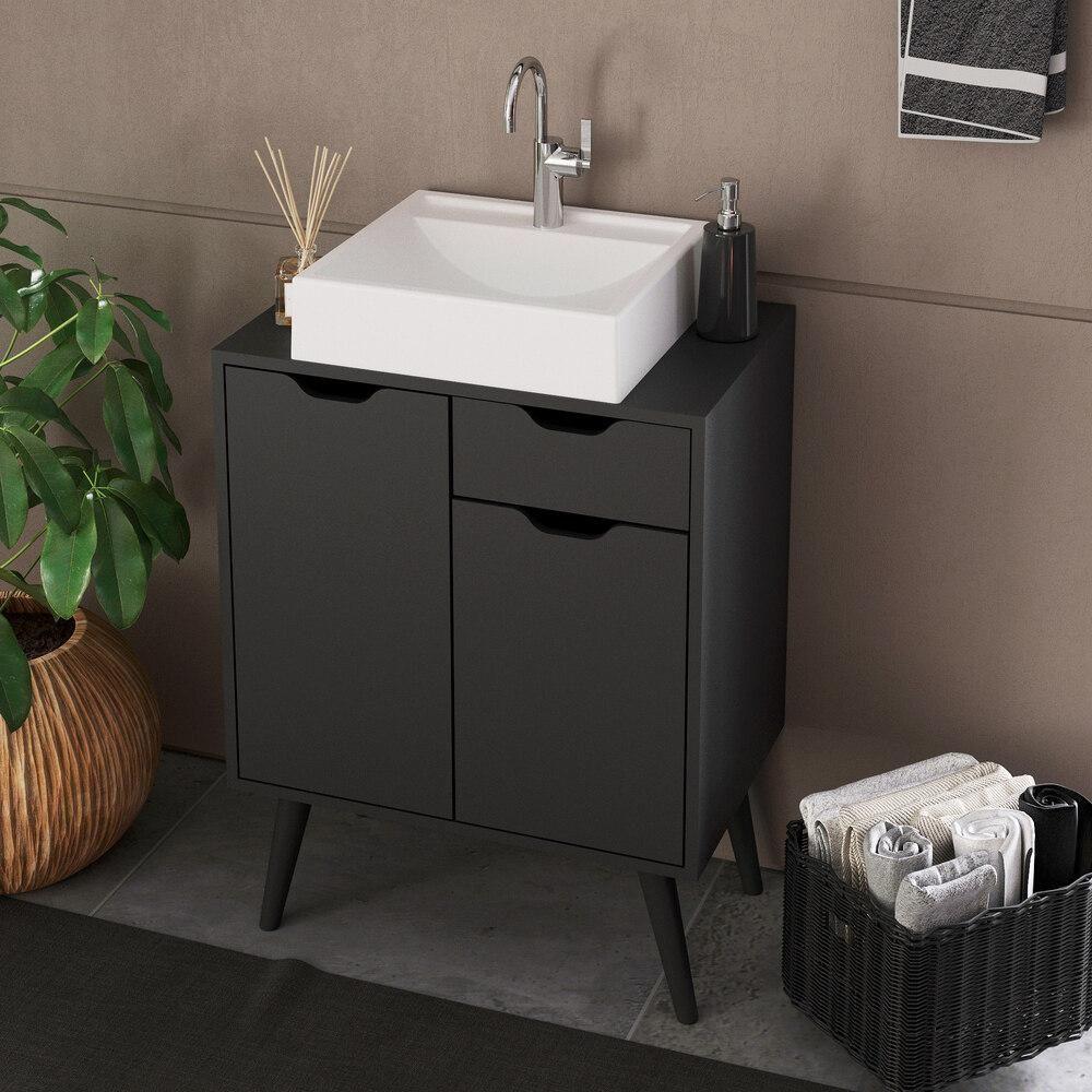 Gabinete Banheiro 60cm 2 Portas E 1 Gaveta Retrô Multimóveis Cr10118 Preto Preto - 5