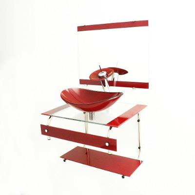Gabinete de Vidro 60cm Inox com Cuba Oval Vermelho Cereja