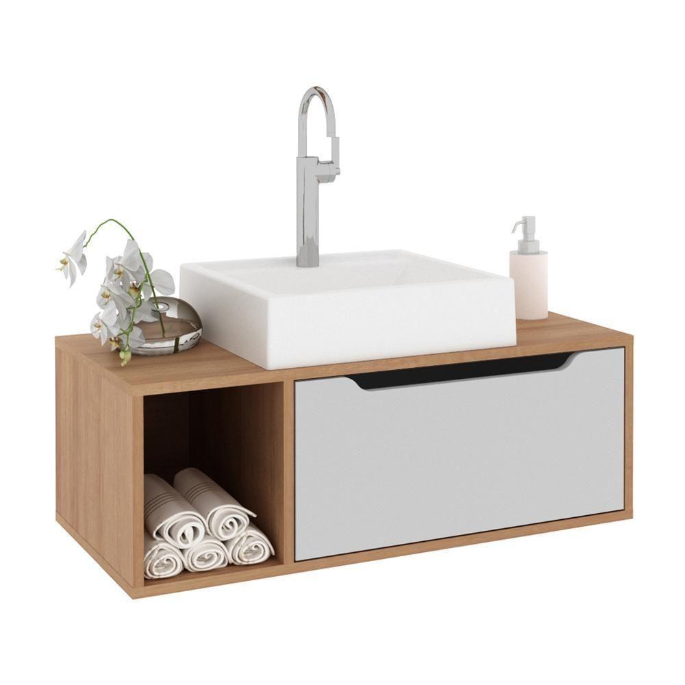 Gabinete Banheiro 80cm Com 1 Porta E Nicho Multimóveis Cr10122 Amêndoa-branco Amêndoa-branco - 1