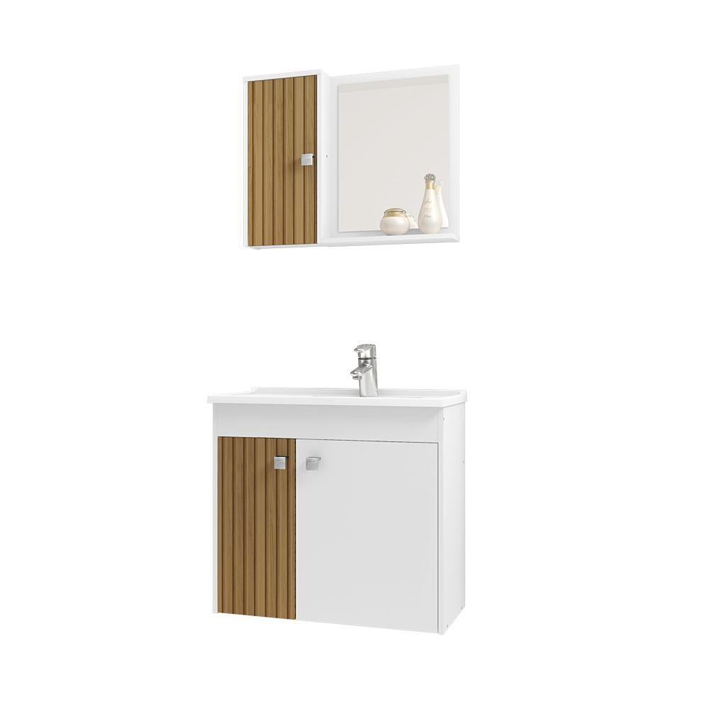 Gabinete Armario Banheiro Munique Com Cuba E Espelheira Branco/ripa Branco/ripa - 5