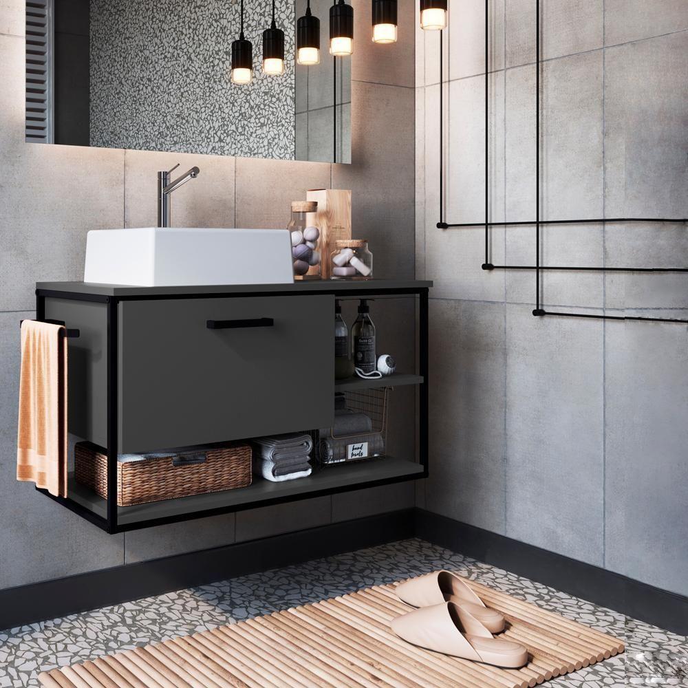 Gabinete Suspenso Banheiro 80 Cm Com Cuba Preto Grafite P1007 Pp Preto Grafite - 3