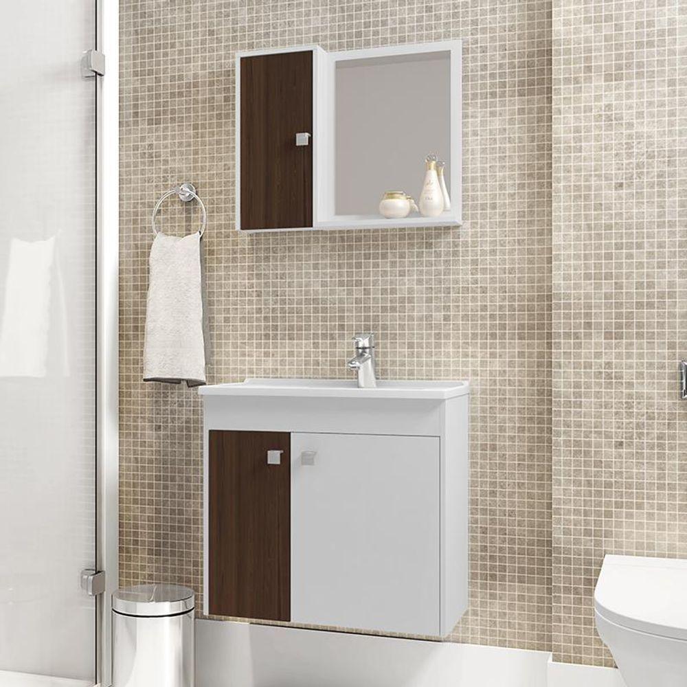 Gabinete Armario Banheiro Munique Com Cuba E Espelheira Branco/nogal Branco/nogal - 1