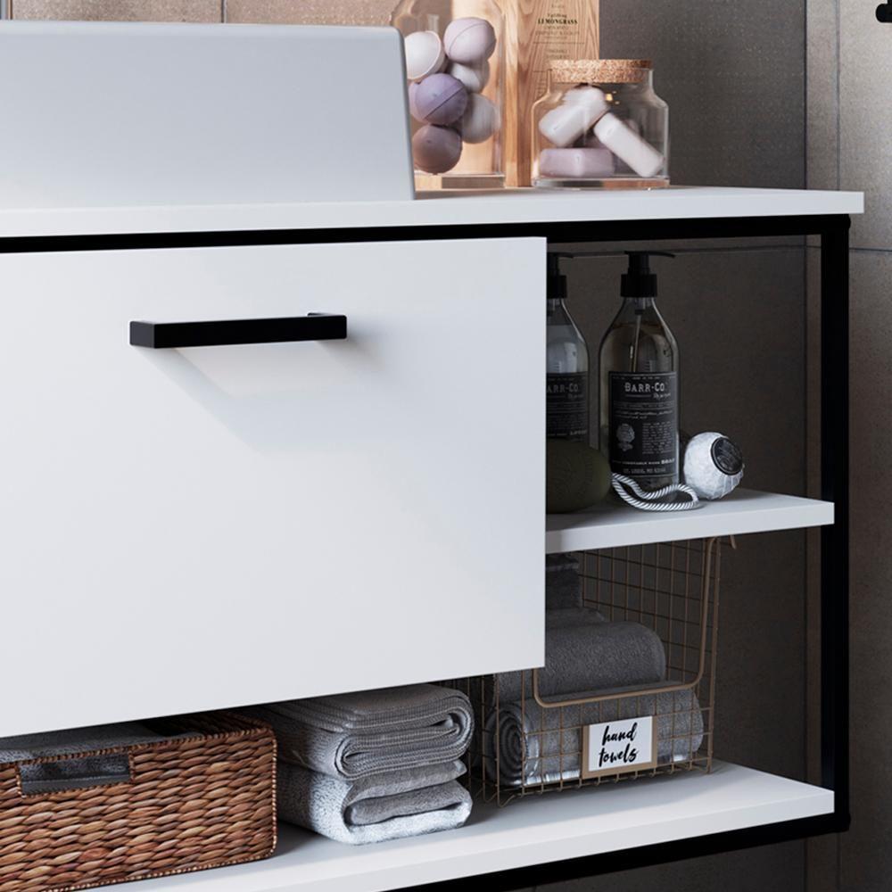 Gabinete Suspenso Banheiro 80 Cm Com Cuba Preto Branco P1007 Pp Preto Branco - 5