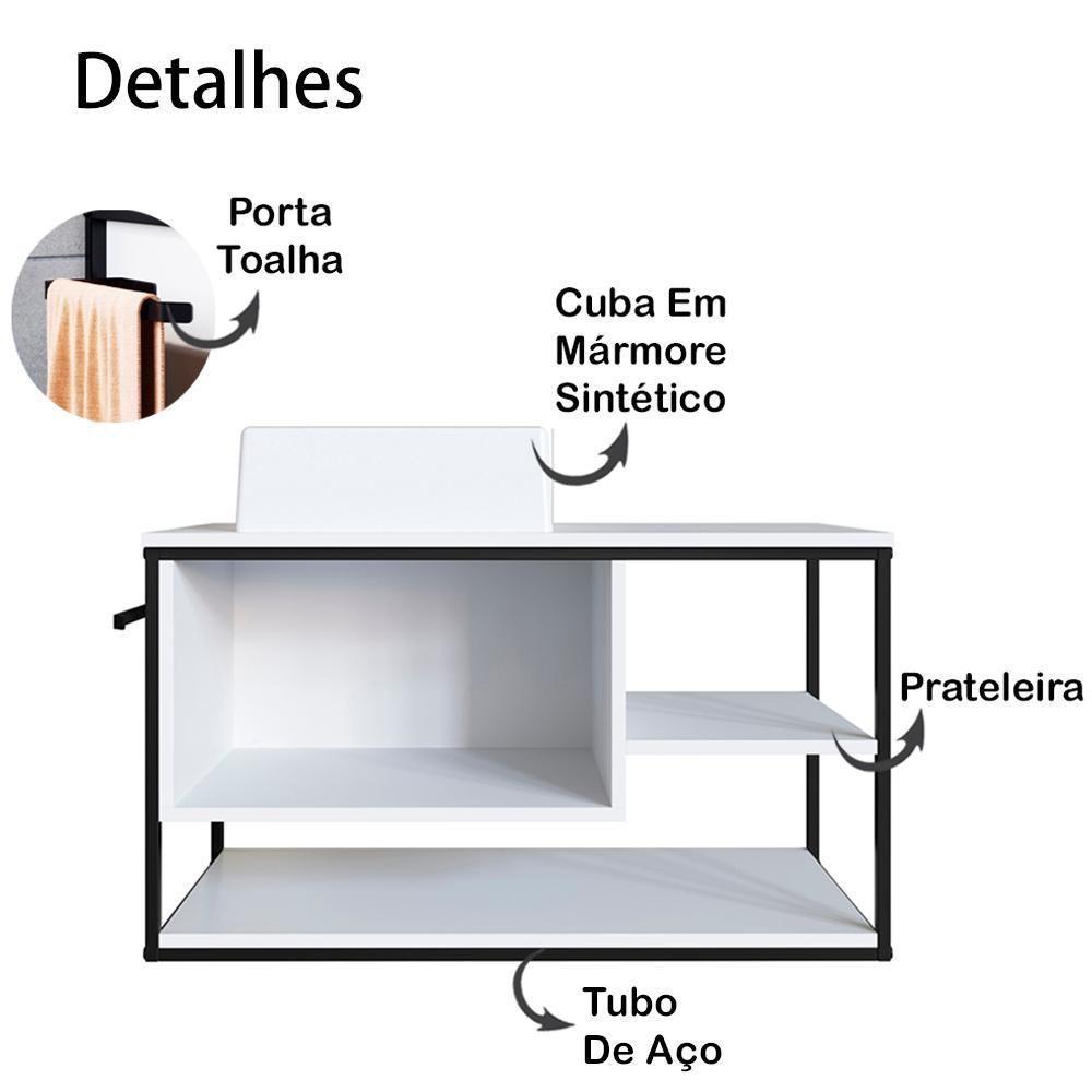 Gabinete Suspenso Banheiro 80 Cm Com Cuba Preto Branco P1007 Pp Preto Branco - 8