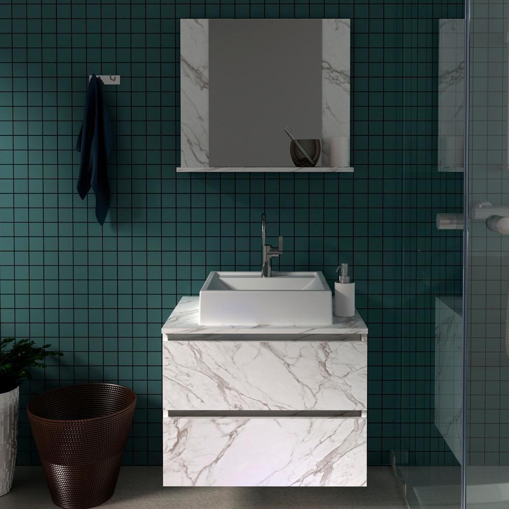 Conjunto Para Banheiro Com Cuba E Espelho Marmore Branco - 1