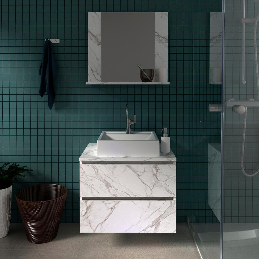 Conjunto Para Banheiro Com Cuba E Espelho Marmore Branco - 3