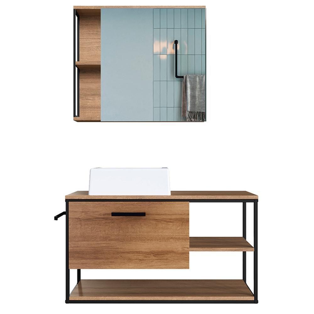 Gabinete Suspenso Banheiro Com Cuba E Espelheira Preto Mell P1013 Pp Preto Mell - 1