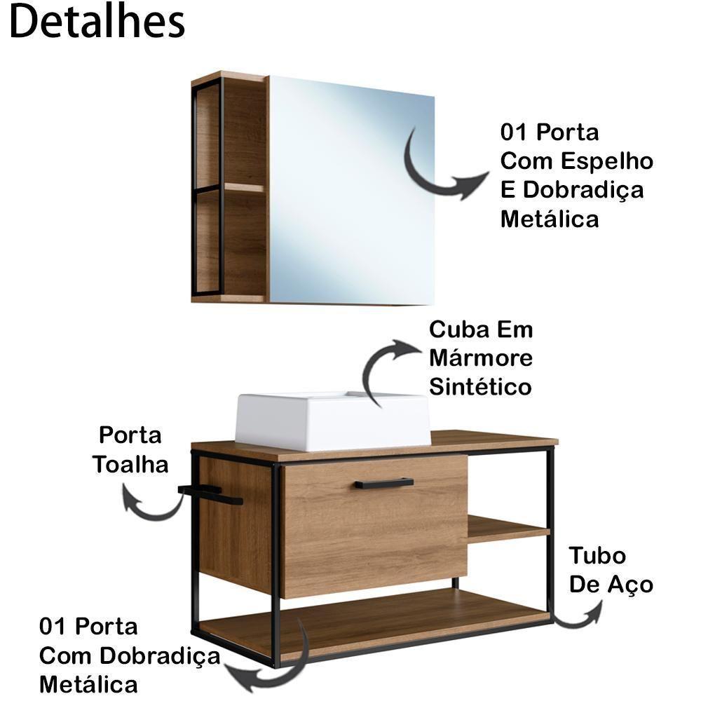 Gabinete Suspenso Banheiro Com Cuba E Espelheira Preto Mell P1013 Pp Preto Mell - 7