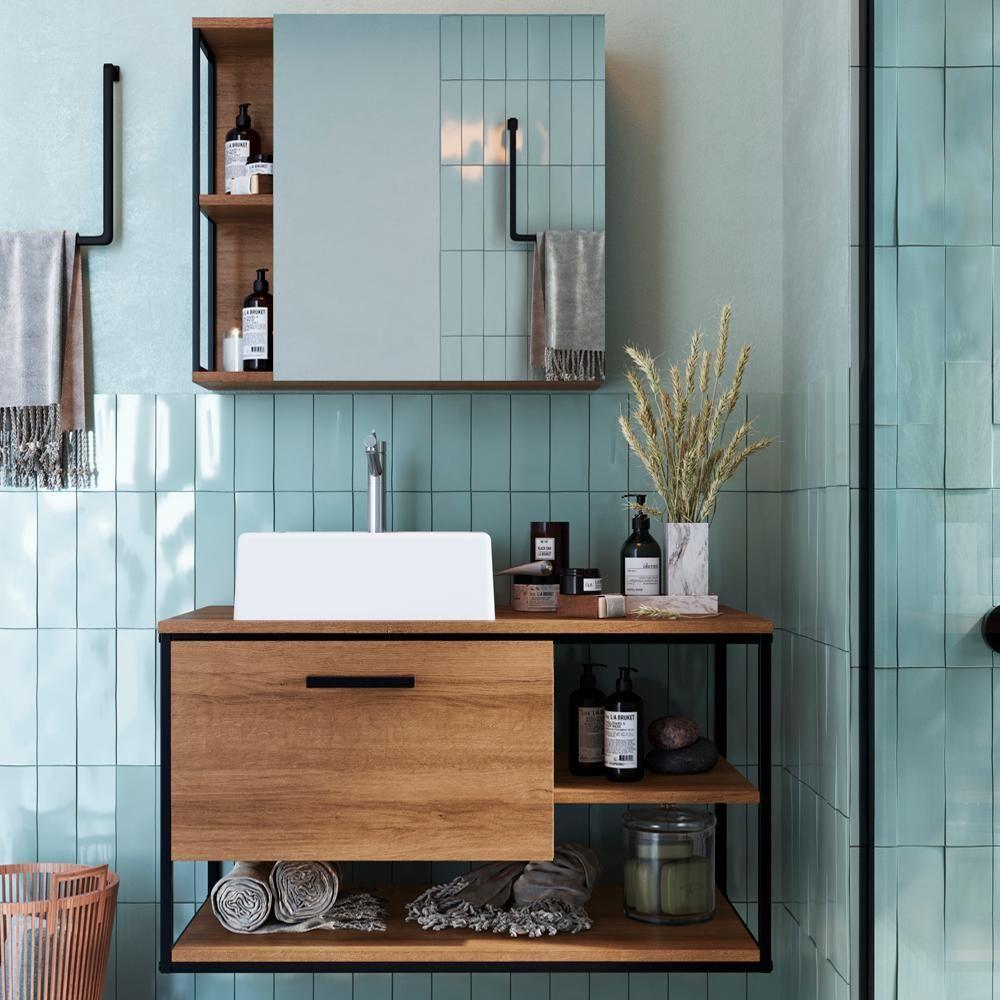 Gabinete Suspenso Banheiro Com Cuba E Espelheira Preto Mell P1013 Pp Preto Mell - 8