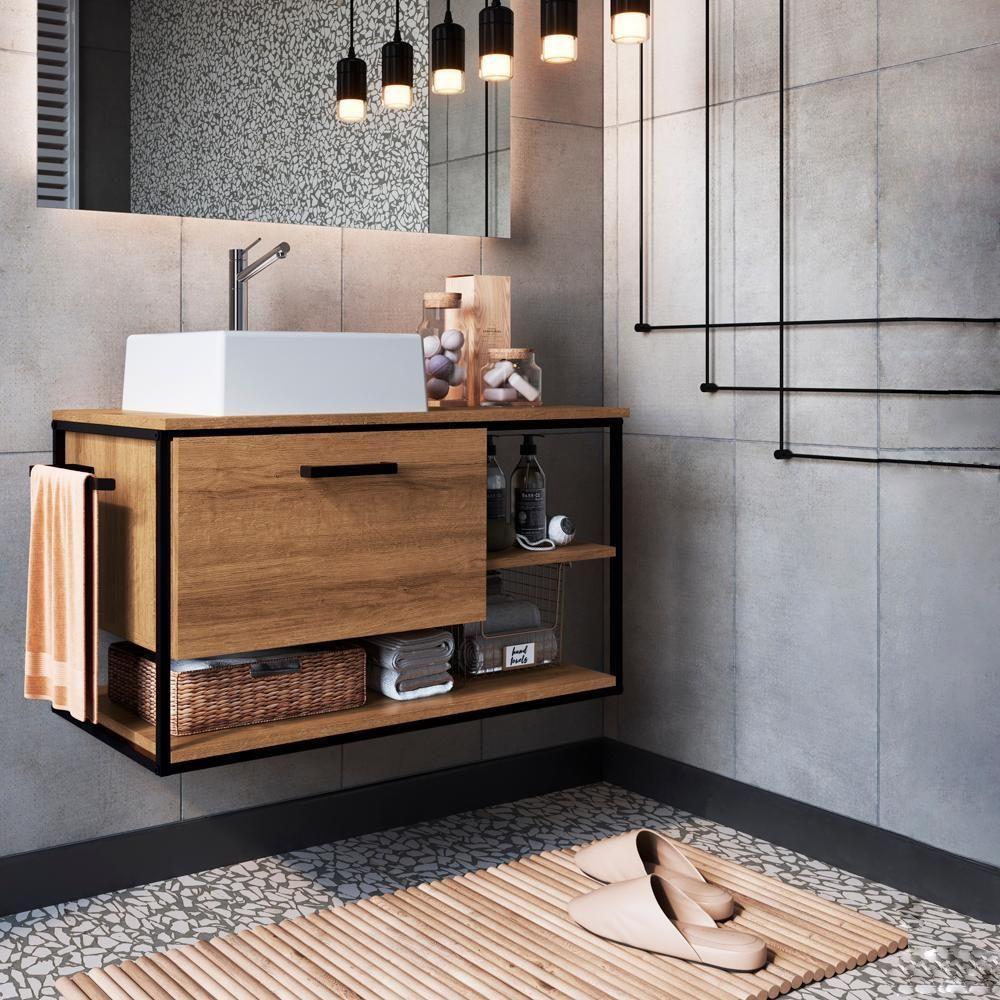 Gabinete Suspenso Banheiro 80 Cm Com Cuba Preto Mell P1007 Pp Preto Mell - 3