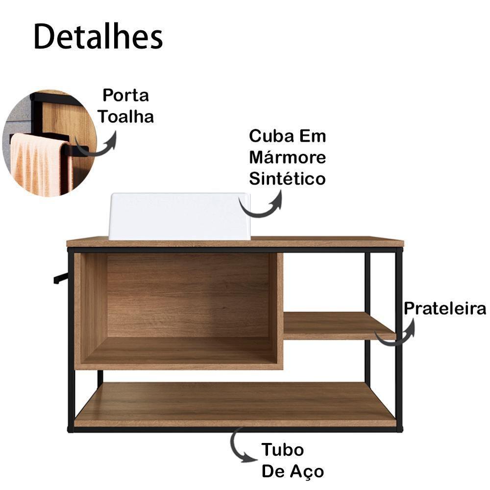 Gabinete Suspenso Banheiro 80 Cm Com Cuba Preto Mell P1007 Pp Preto Mell - 8