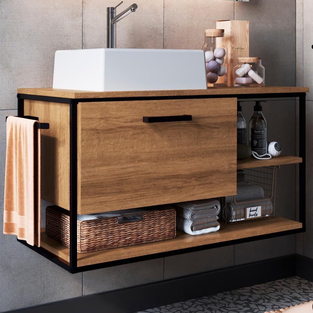 Gabinete Suspenso Banheiro 80 Cm Com Cuba Preto Mell P1007 Pp Preto Mell - 9