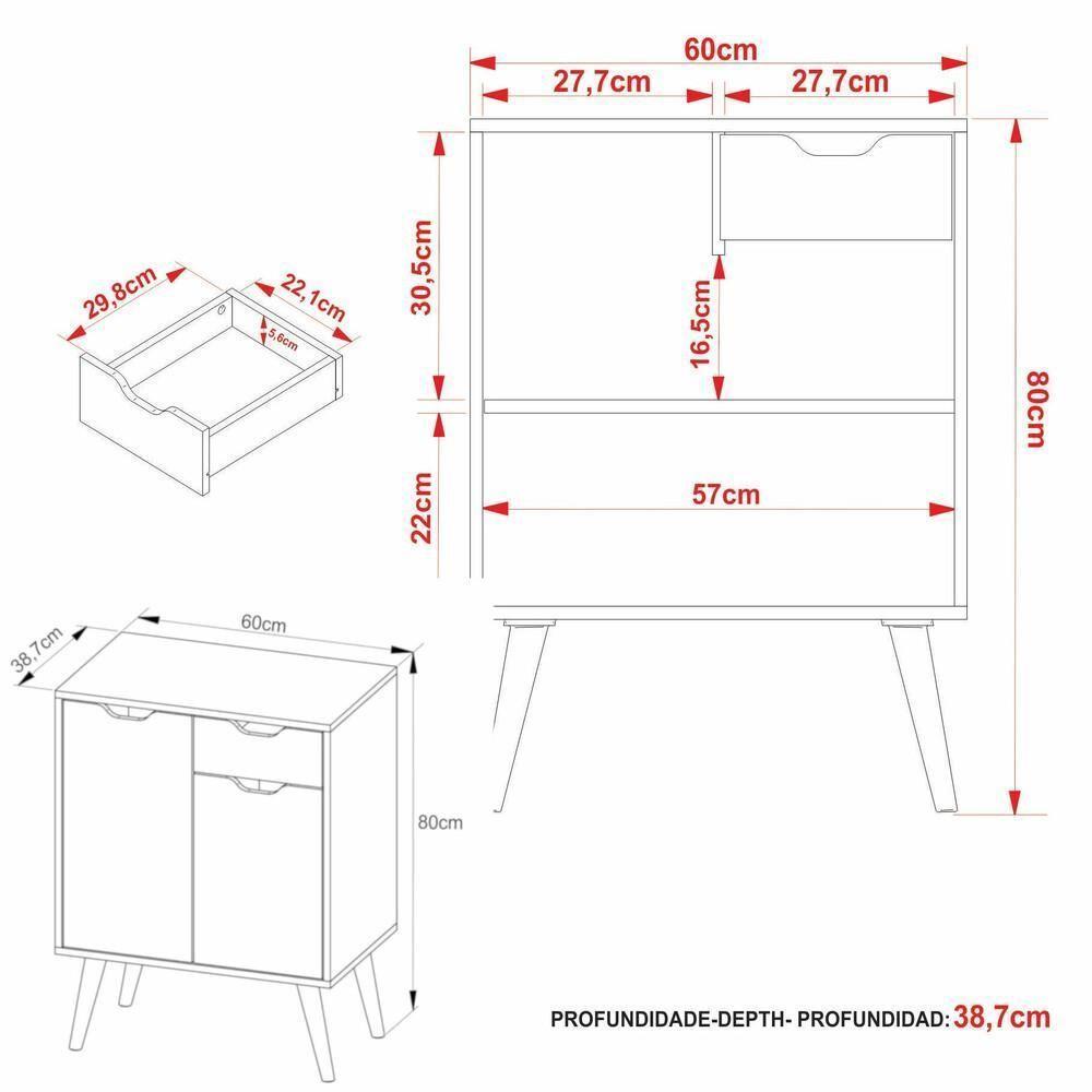 Gabinete Banheiro 60cm 2 Portas E 1 Gaveta Retrô Multimóveis Cr10118 Amêndoa Amêndoa - 4