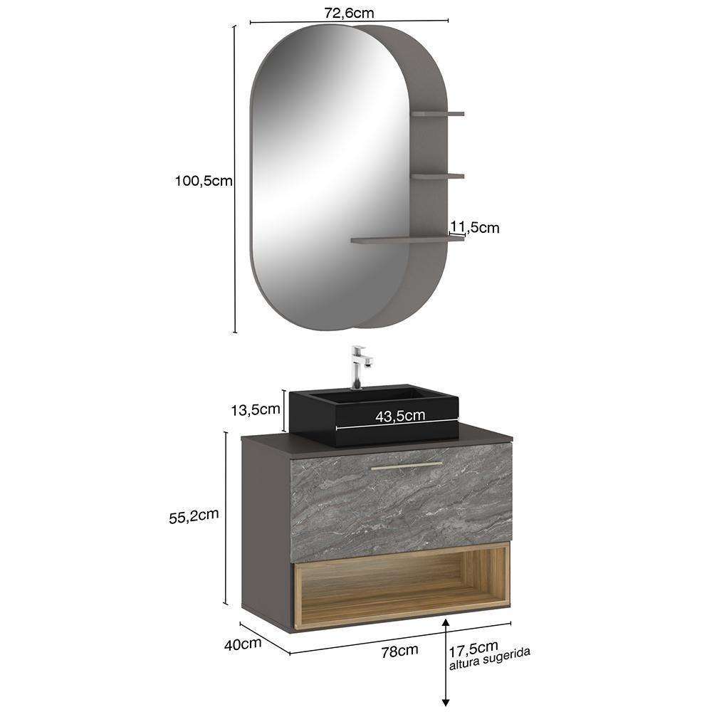 Conjunto Banheiro Gabinete Com Cuba E Espelho Preto Nogal - 8