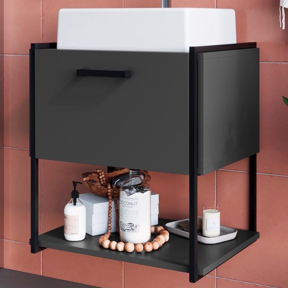 Gabinete Suspenso Banheiro 50 Cm Com Cuba Preto Branco P1009 Pp Preto Branco - 9