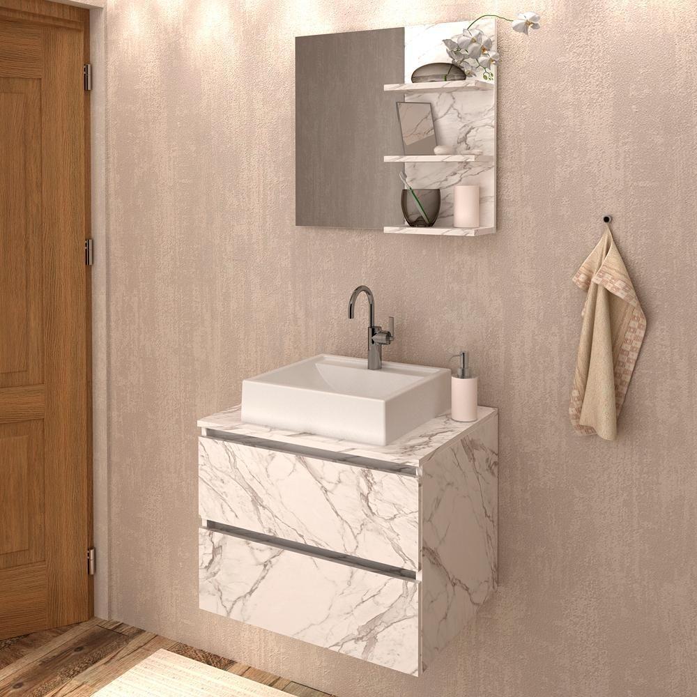 Conjunto Para Banheiro Com Cuba E Espelho Marmore Branco - 1