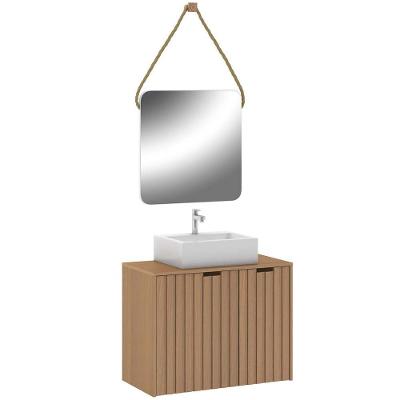 Conj Banheiro Gabinete 60cm Com Cuba E Espelho Nogal Amêndoa