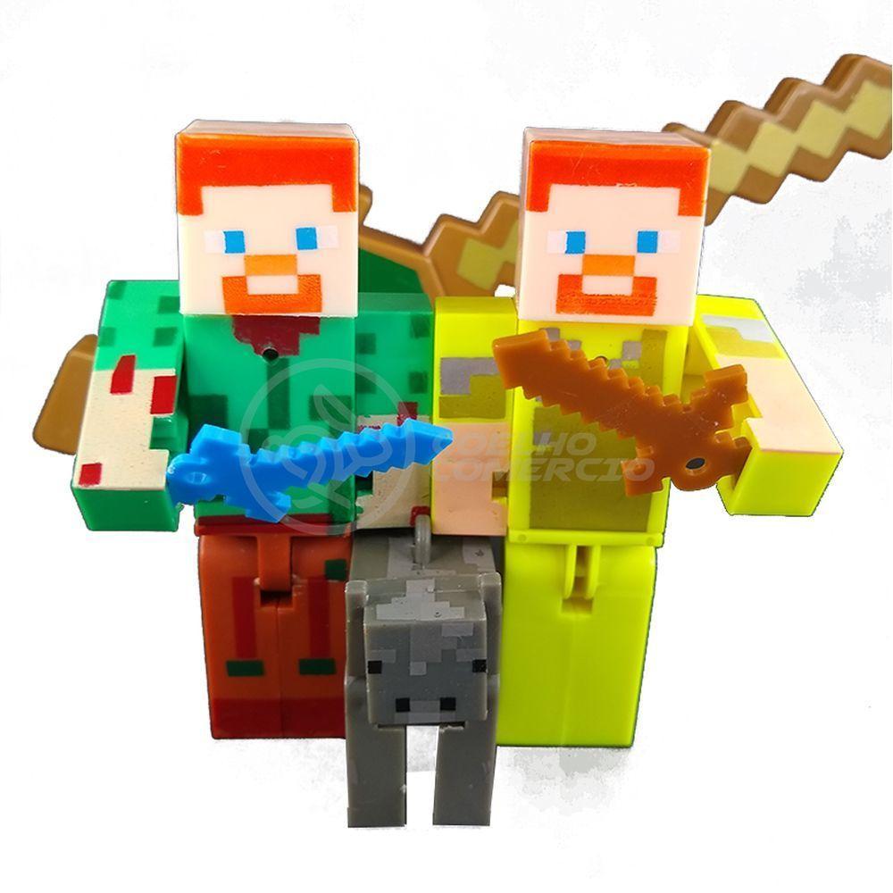 Kit Cartelado Conj. Minecraft 2 Bonecos + 1 Bloco + 1 Vaca + 1 Espada Minecraft 31cm - 6